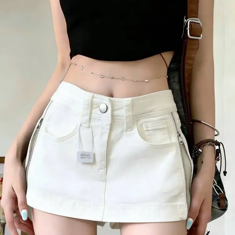 White Denim A-Line  Skirt Women's Slimming Versatile Side Zipper Anti-Light Summer Short Skirt Pants Low Waist Cotton