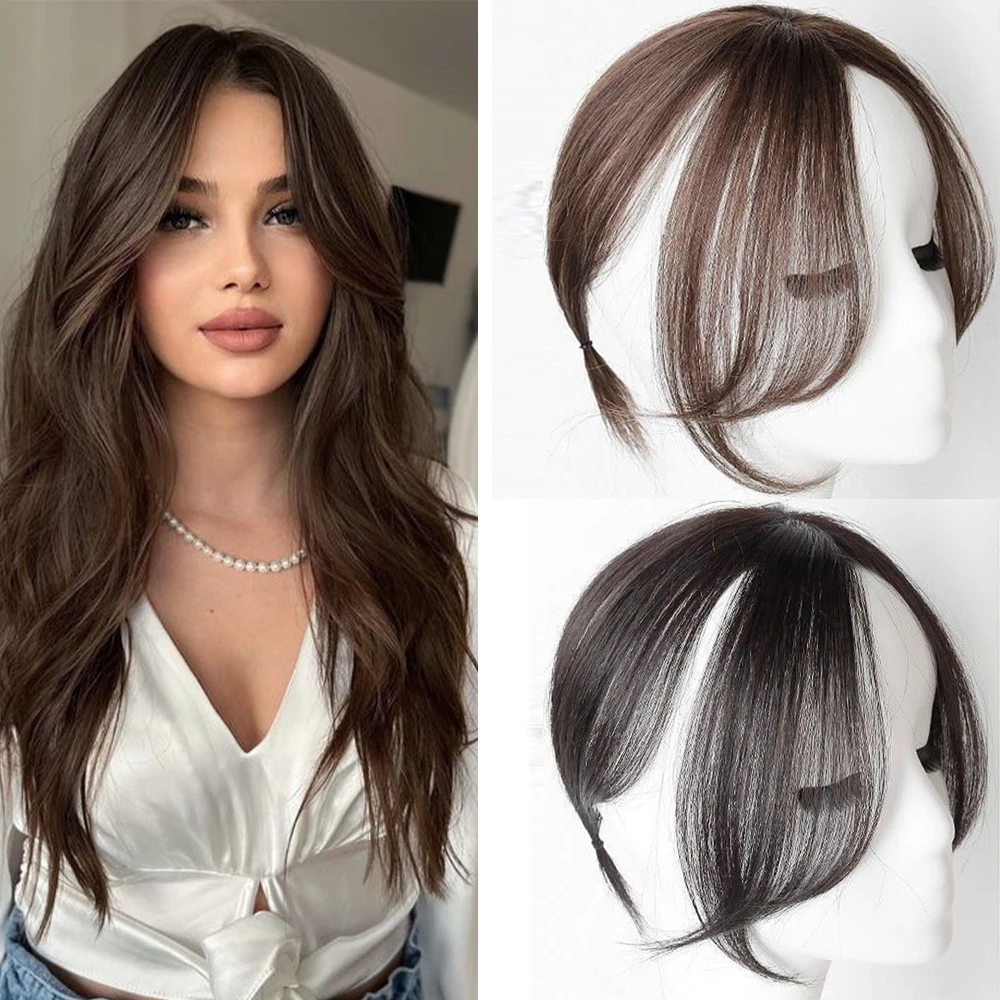 Synthetic Long Straight Topper Wig Clip in Hair Extensions Natural Fluffy Head Top Fake Hair Piece with Bangs Clip Black Brown