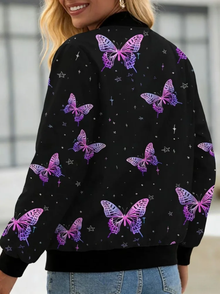 Women's Black Butterfly Print Baseball Jacket Zip Up Bomber Coat Long Sleeve Casual Outerwear Spring Autumn
