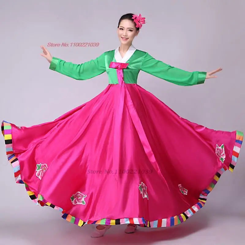 2024 national dance wear classic korean female elegant folk costume vintage stage performance dress flower embroidery hanbok