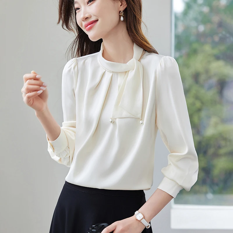 Bow Collar Shirts for Women 2025 Spring Vintage White Shirt Women Satin Professional Ladies Tops Korean Fashion Women's Clothing