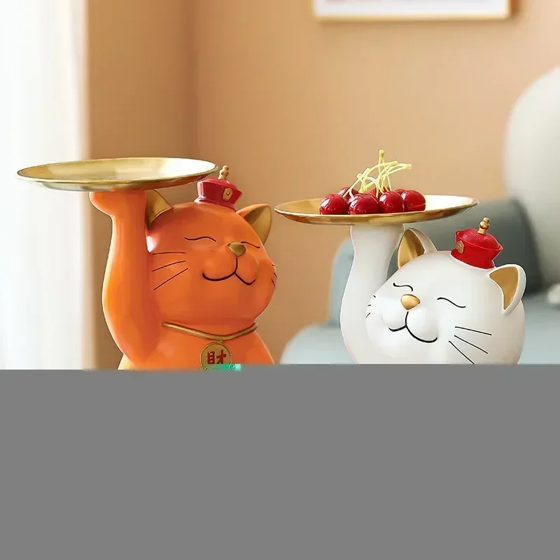 

Resin Fat Lucky Cat Tray Storage Figurines for Interior Entrance Desktop Containers Living Room Feng Shui Decoration Gift