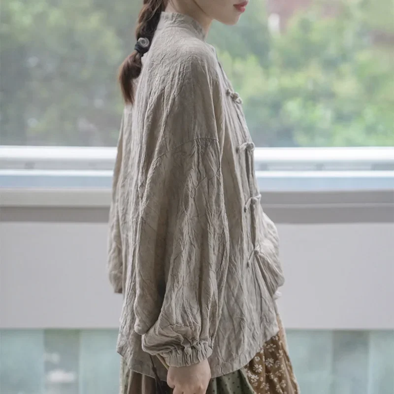 Women Vintage Loose Shirt Wrinkled Linen Stand Long Sleeve Button Solid Color 2024 Autumn New Chinese Style Blouse