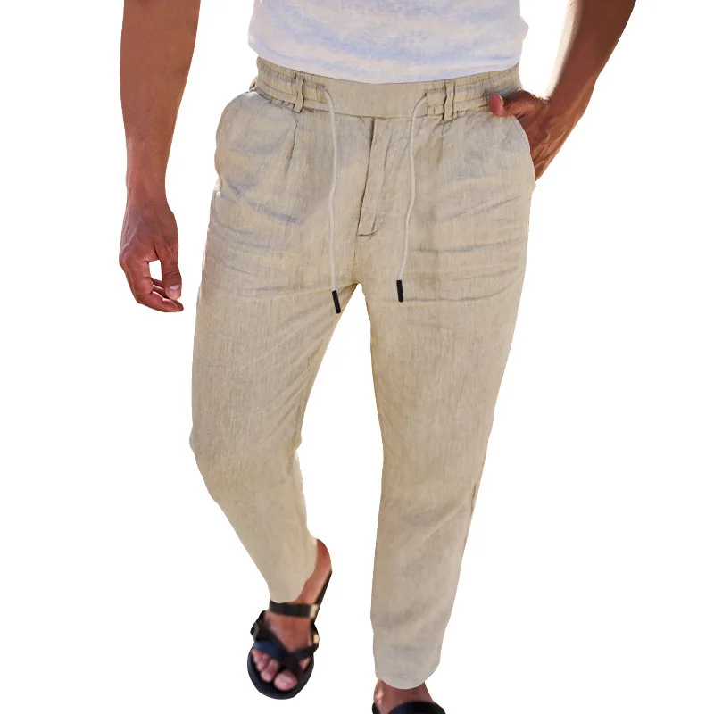 

Men's Cotton Linen Drawstring Straight Wide Leg Cargo Pants