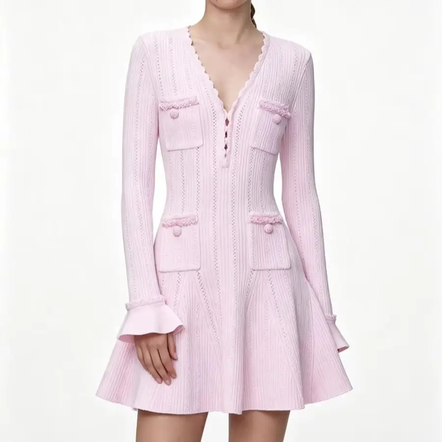 Pearl Pink Lace V-neck Dress for Women Exquisite Knitted Long Sleeve Hollow Trumpet Sleeve Spring Autumn New Style