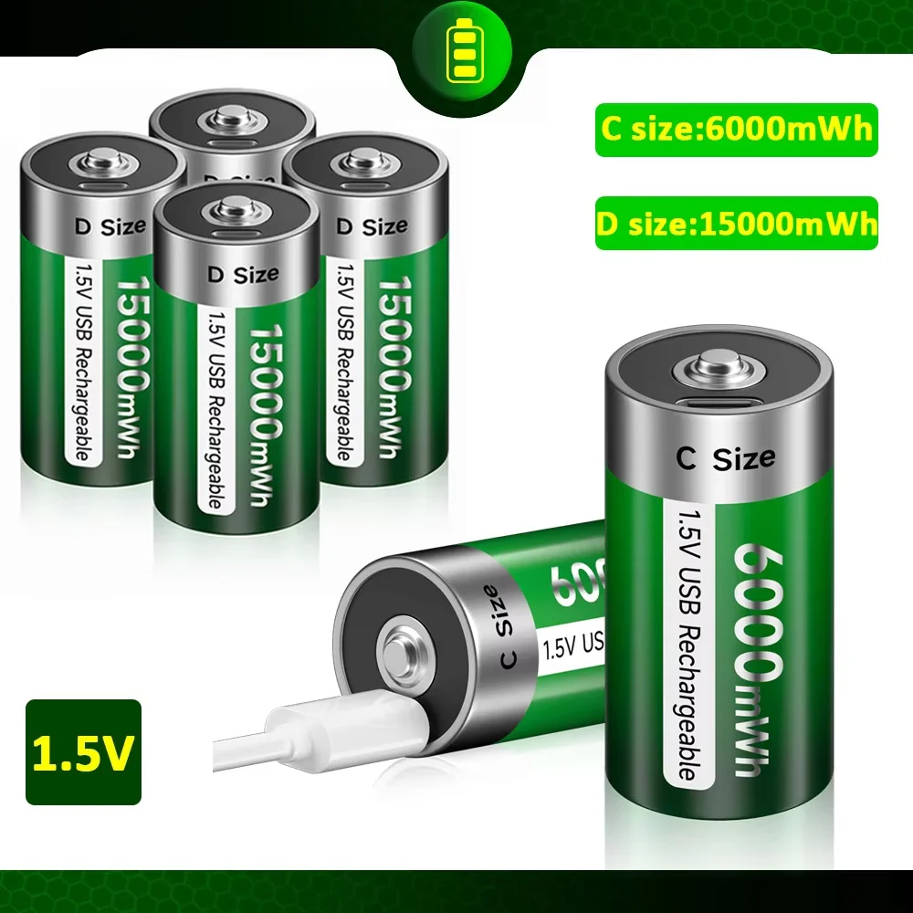 1,5V D-Größe Wiederaufladbare Batterie 15000mWh LR20 Li-Ionen-Akkus LR14 C-Größe Lithium-Batterie für Gasgeräte Flüssiggaskocher