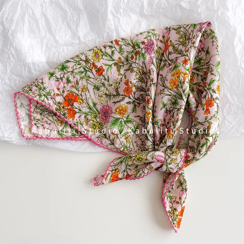 Cotton Linen Square Scarf 58 cm Floral Print Soft Lightweight Neck Protection Versatile Daily Wear Hair Band