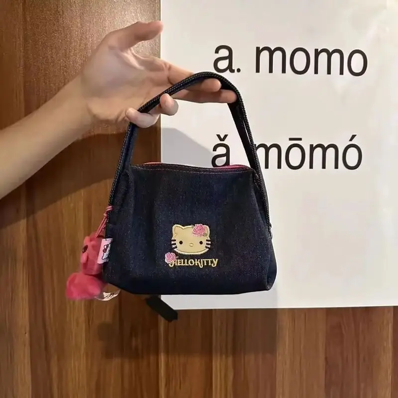 Olá kitty bolsa bordada azul denim crossbody saco de dupla utilização feminina casual bolsa de ombro bonito kt gato viagem compras fb11d