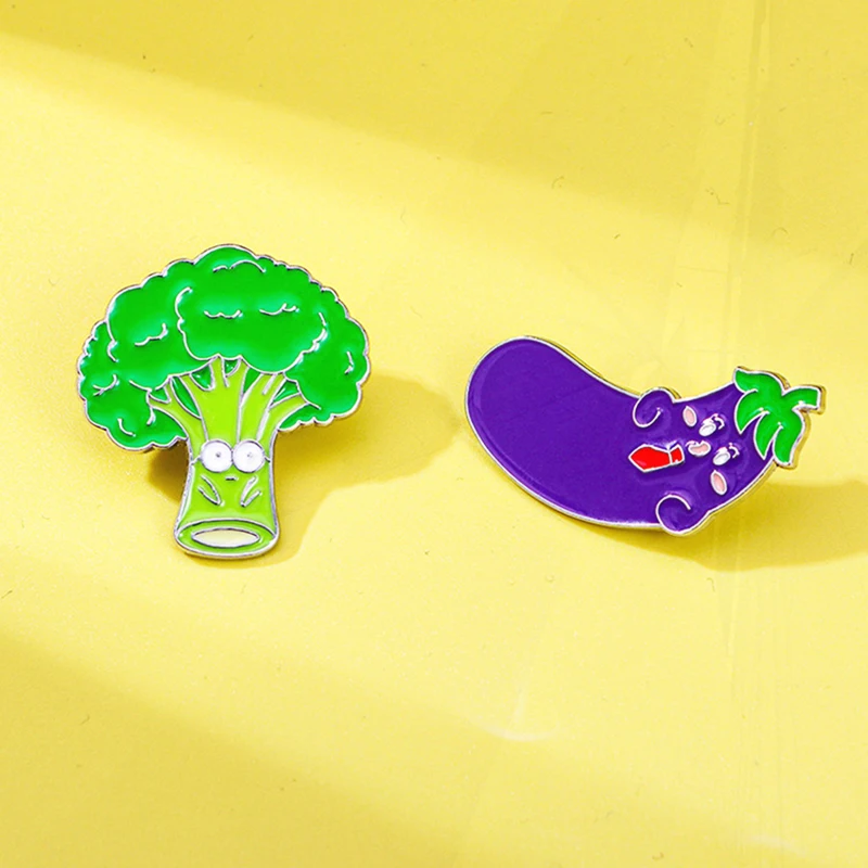 Broccoli Bonus Tie Eggplant Mr. Cartoon Vegetable Enamel Badge Punk Lapel Brooch Jewelry Gift Cute Vegetable Metal Pin Green