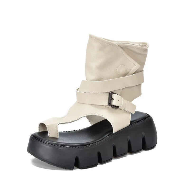 

Римская обувь. Сандалии на платформе с открытым носком. Весна-лето 2023. Универсальные пустые повседневные сандалии с высоким берцем в стиле ретро с пряжкой сзади.