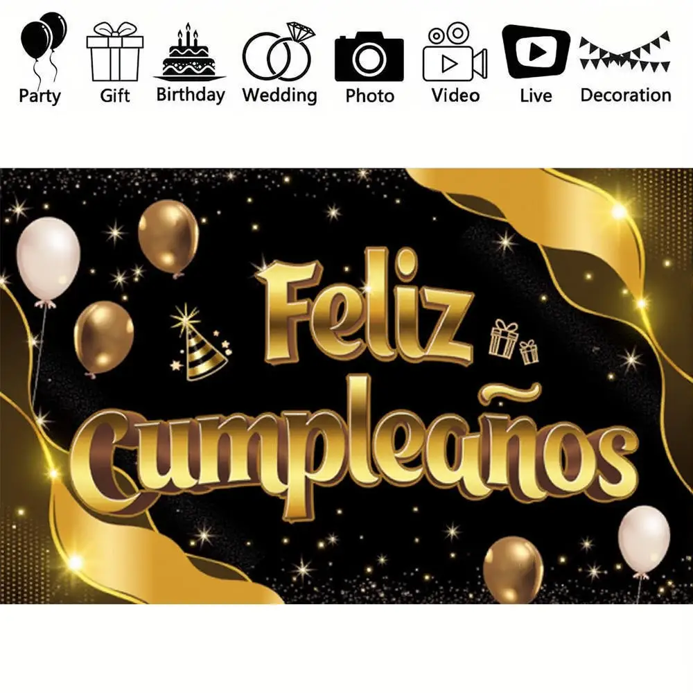 Feliz cumpleaños Spanish Birthday Background Black Gold Balloons Birthday Party Scene Decoration Banner Adult Photo Backdrops