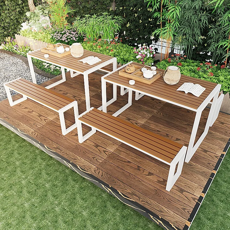 

Waterproof and sunscreen plastic wood tables and chairs solid garden striped courtyard cafe canteen dining table