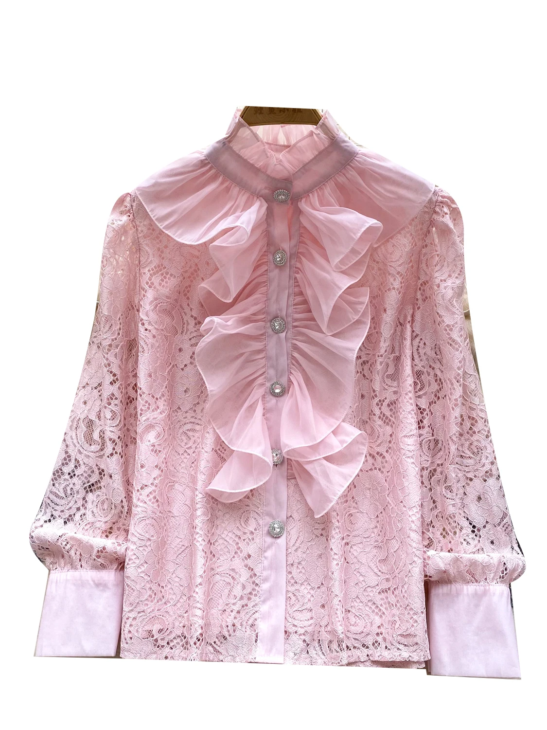 Csa informal de encaje de manga larga para mujer, Top de empalme con borde de ma, versátil, a la moda, estilo dulce y ...