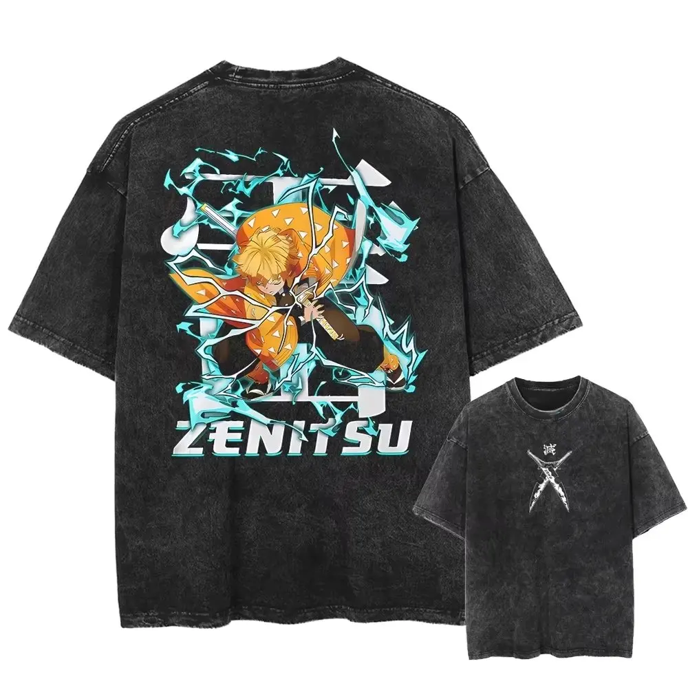 

Summer Trendy Graphic T Shirts Man Demon Slayer Anime Vintage Washed Women Casual Short Sleeved Tee Streetwear Y2k Top