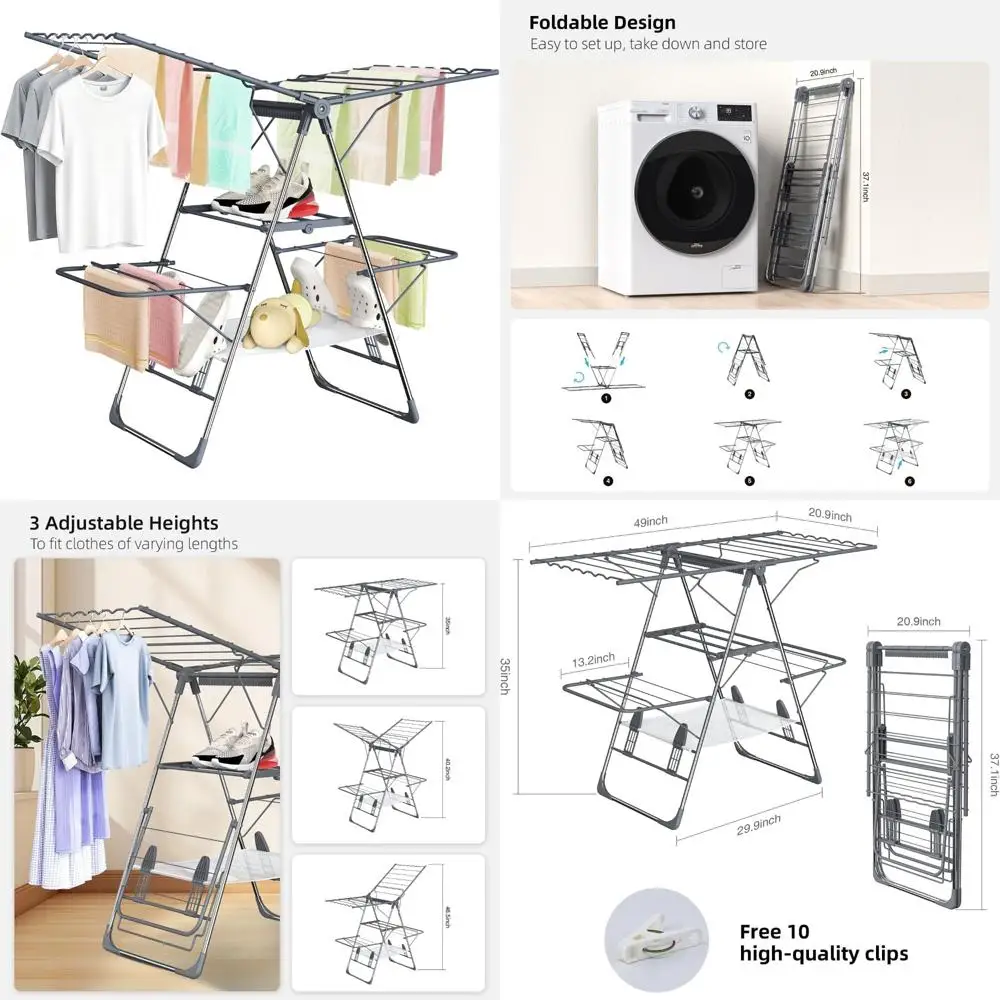 

Stainless Steel Foldable 2-Level Indoor Clothes Drying Rack, Laundry Collapsible Hanger for Efficient Space Saving