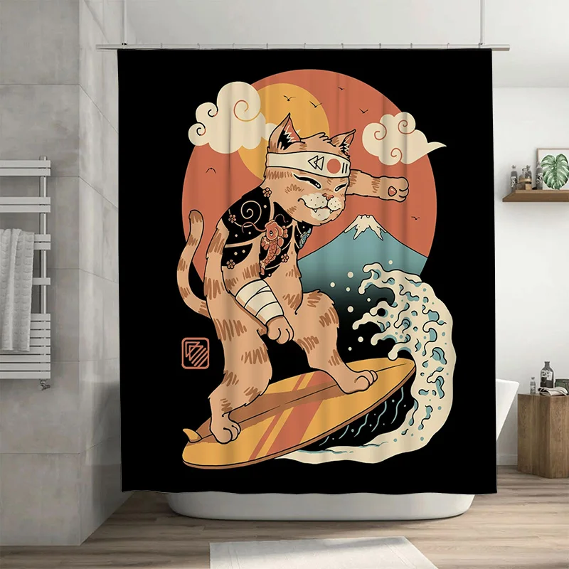 

Стильная занавеска для душа для серфинга с изображением кота, крутой декор для ванной комнаты с ретро-дизайном манги для украшения дома