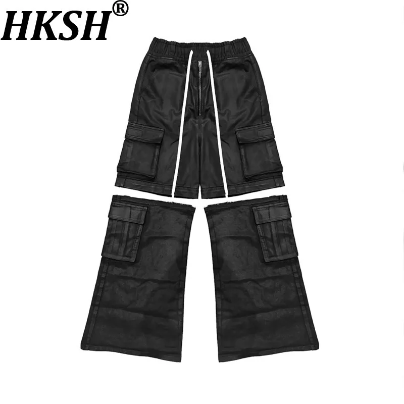 

HKSH Spring Summer New Man Tide Punk Dark Trend Multi-Pocket Flared Cargo Leather Pants Zipper Detachable Shorts Chic Ins HK8011