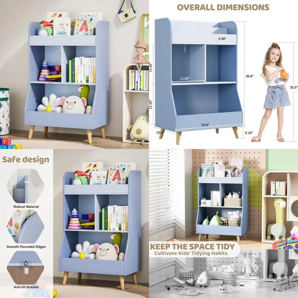 

Arlopu 3-Tier Kids Bookshelf and Toy Storage Organizer, Wooden Open Bookcase, 2 Cubbies Toy Storage Cabinet for Book Shelf for K