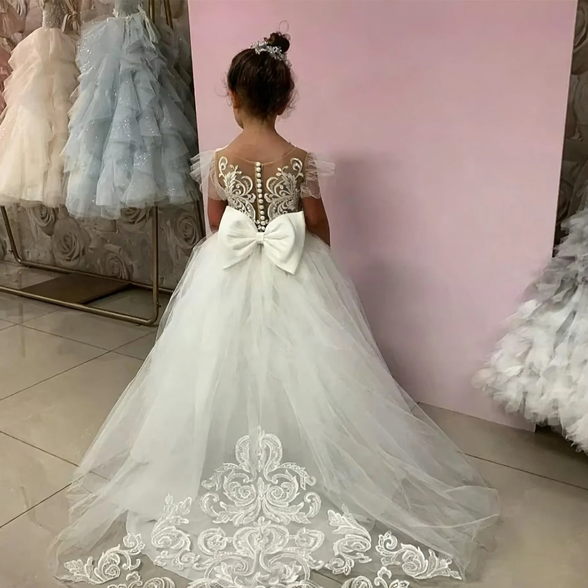 

Customized White Flower Girl Dress For Wedding Bowknot Appliques Peals Sleeveless Tulle Kids Birthday First Communion Gown