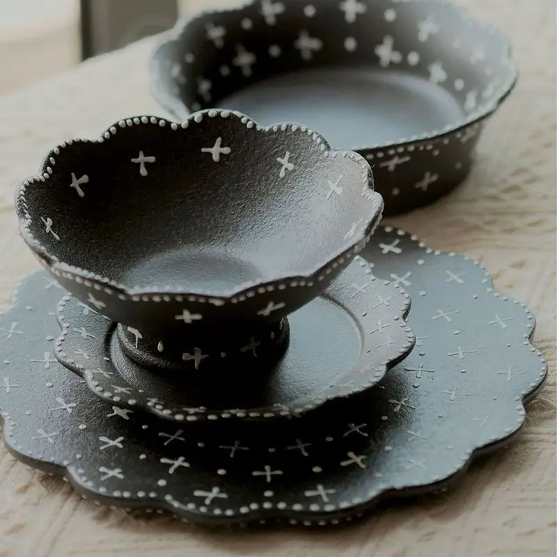 Heben Style Petal High Footed Bowl Texture Dessert Nut Salad Ceramic Bowl Vintage Round Shape Daily Use Cloud Sea Pattern