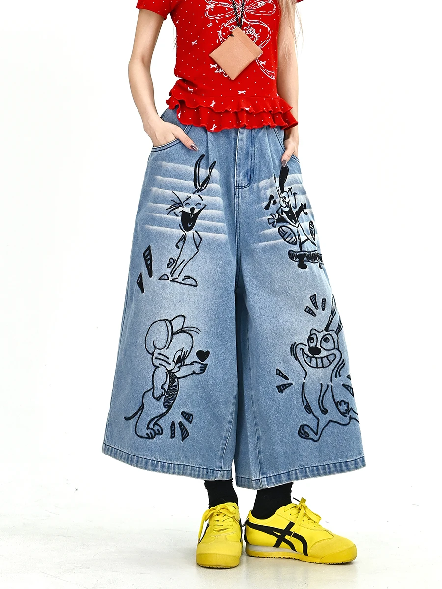

Women's Loose BF American Retro Wide Leg Jeans Cartoon Cowboy Nine Points Summer New Sle Versatile Loose Fit Casual Trousers