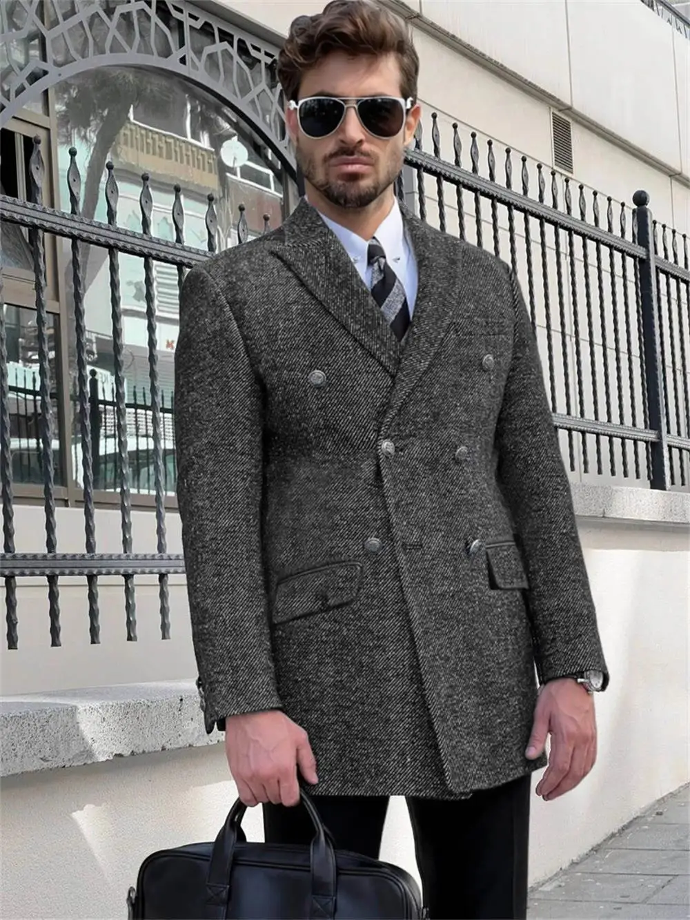 

Winter Men's Gray Mid-length Coat Double Breasted Loose Fit Over Coat Business suit Jacket