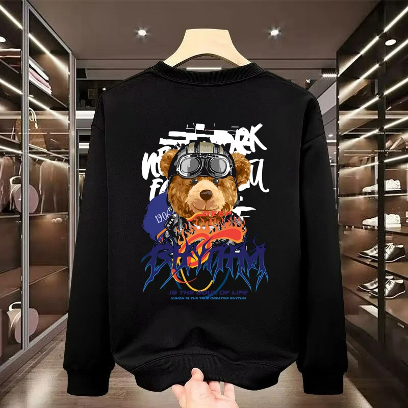 

Осенняя мужская толстовка с героями мультфильмов, крутой топ большого размера с принтом медведя, высококачественная черная футболка с длинными рукавами, футболки с круглым вырезом, мужская одежда