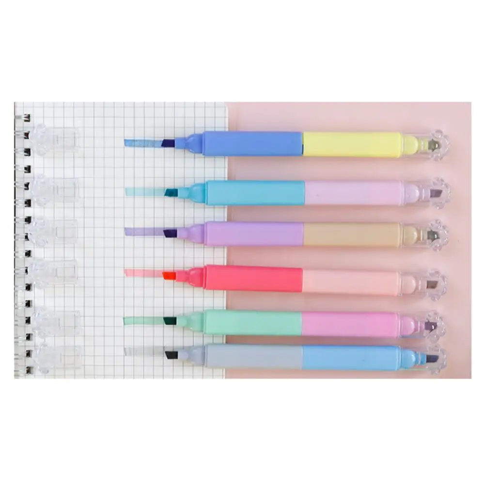 Dual-color Stroke Highlighter 6pcs Double-headed Highlighter Pen Set with Cat Paw Caps Assorted Colors Quick Drying for Study