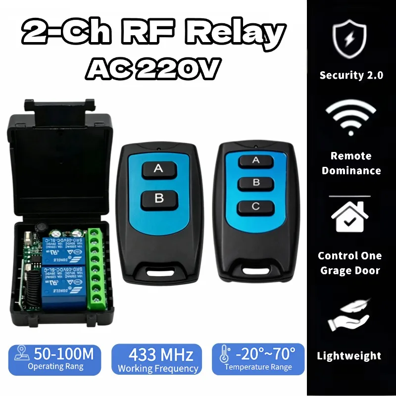 2 Channels 433Mhz RF Wireless Remote Control Switch AC 85-256V 220V 110V Relay 2CH Receiver Module For Garage Door Curtain Light