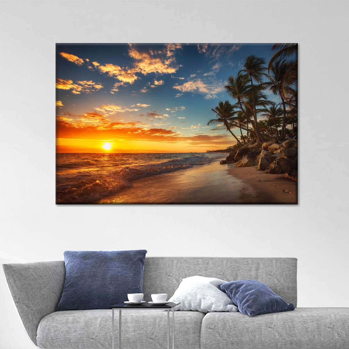 Tropical Beach Sunset Palm Tree Wall Art, Ocean Seaside Golden Dusk Landscape Poster, Unframed Home Decor Print