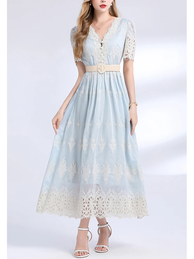 

Elegant Printed V-Neck Short Sleeved Slim Fit Dress 2025 New Fashion Summer Women'S Clothing