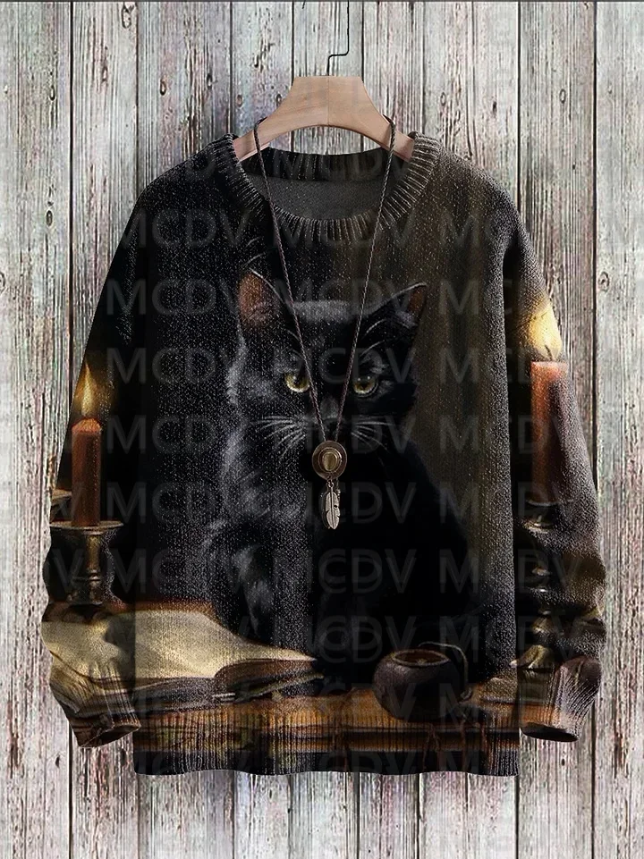 Halloween Czarny kot Art Pattern Print Casual Knit Pullover Bluza męska dla kobiet Pullover