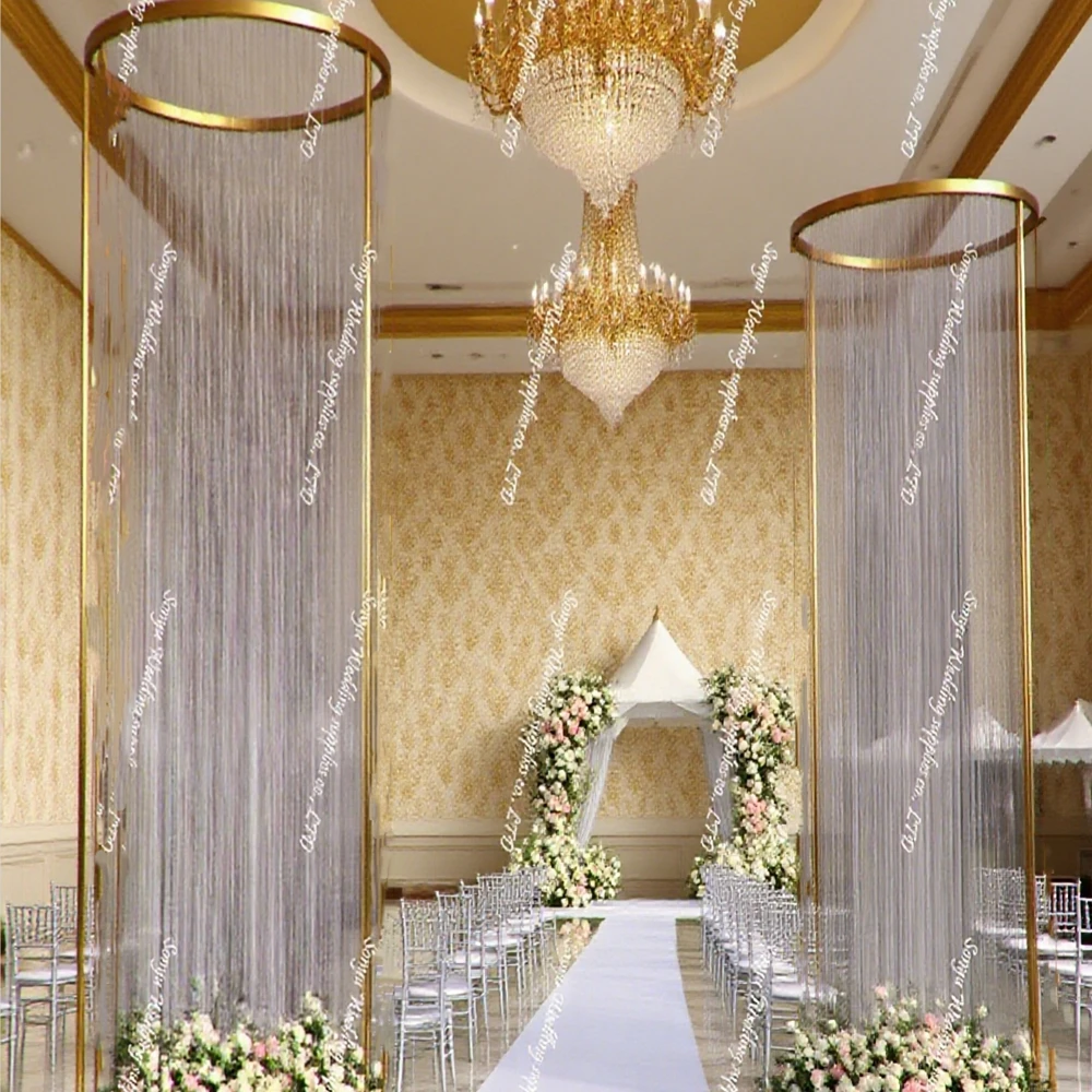 NO flowers)H200x40cm gold Metal Silk Waterfall Curtains Wedding Decoration Background Stage Props
