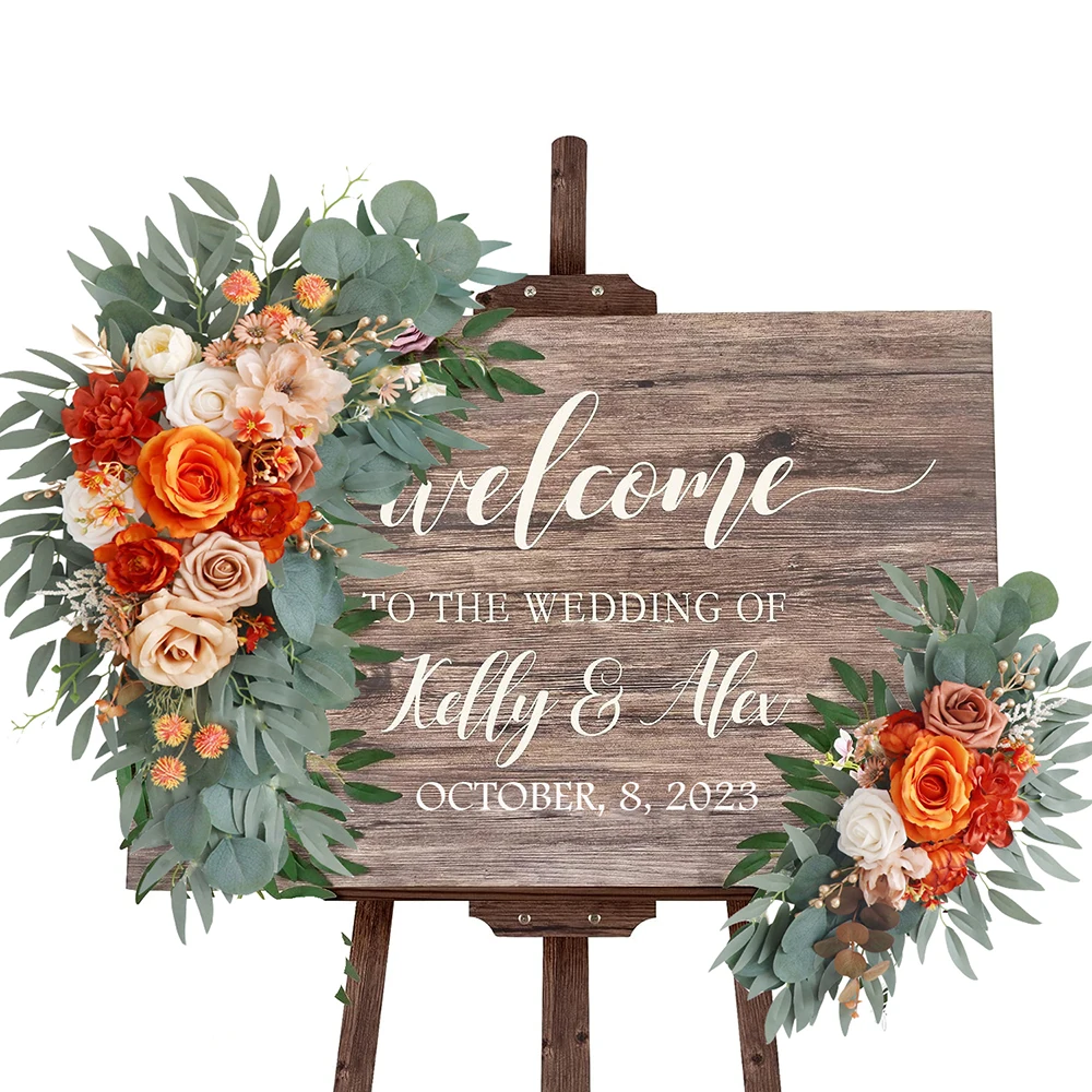 Yannew Wedding Welcome Sign Flowers Terracotta Artificial Arch Flower Swag for Ceremony Reception Fall Winter Wedding Decoration