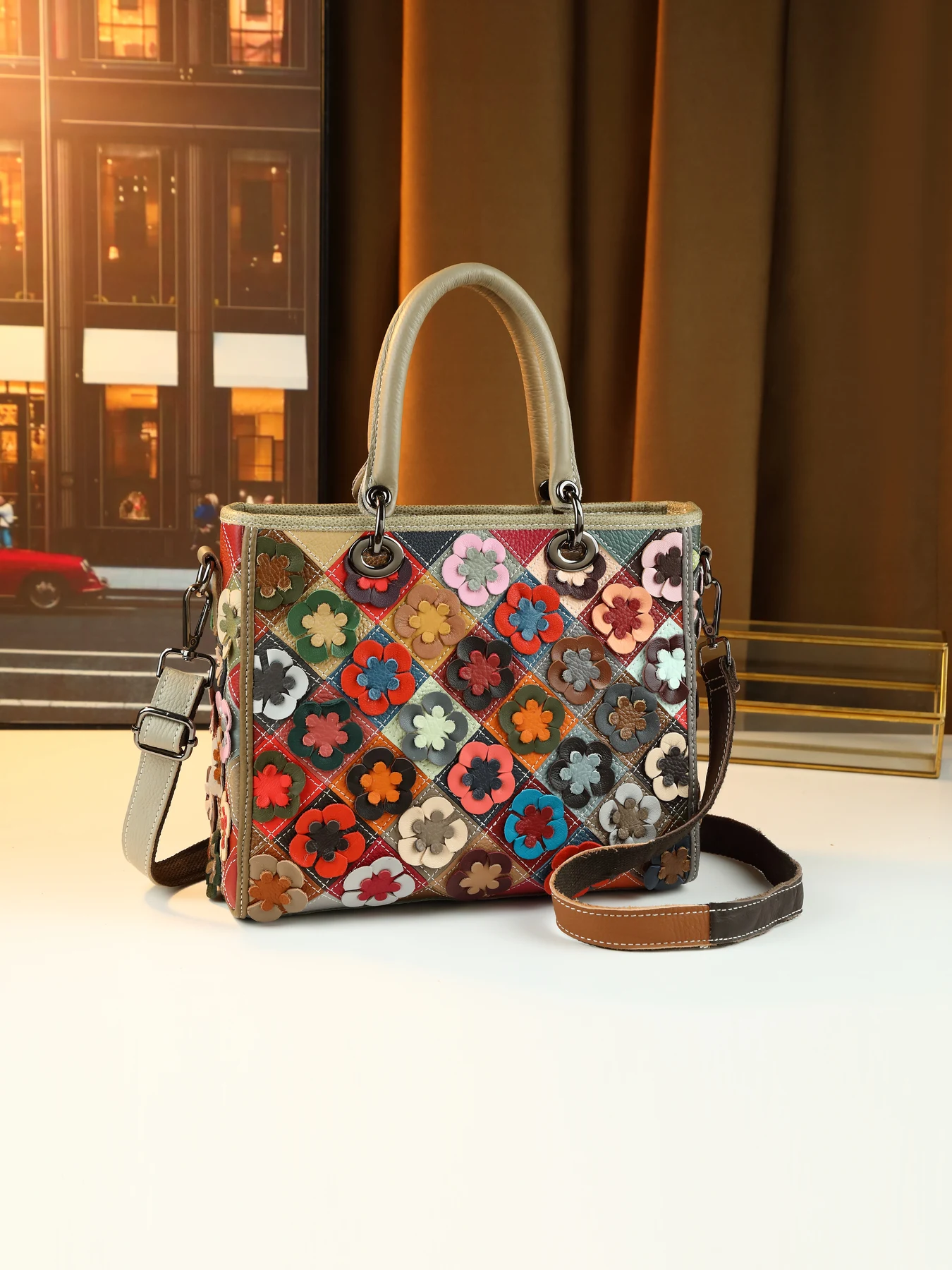 Leather fashion women's new color block decal going out large capacity handbag travel leisure tote bag