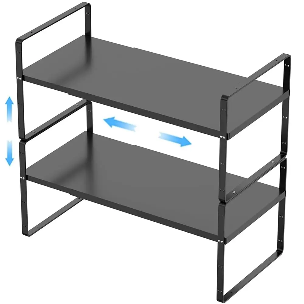 

Expandable Cabinet Shelf Organizers 2 Pack, Stackable Metal Pantry Storage Shelves Rack, Adjustable Kitchen Counter Shelf For