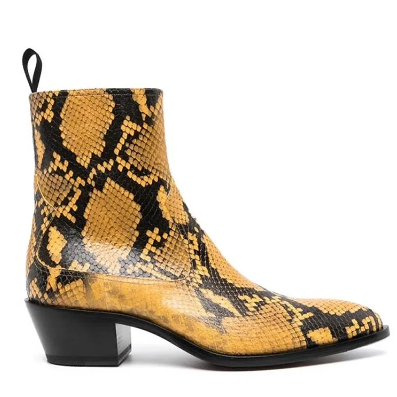 Yellow Snakeskin Leather Chelsea Boots Block Heels Pointed Toe Men Shoes Python Printed High Top Winter Party Club Shoes