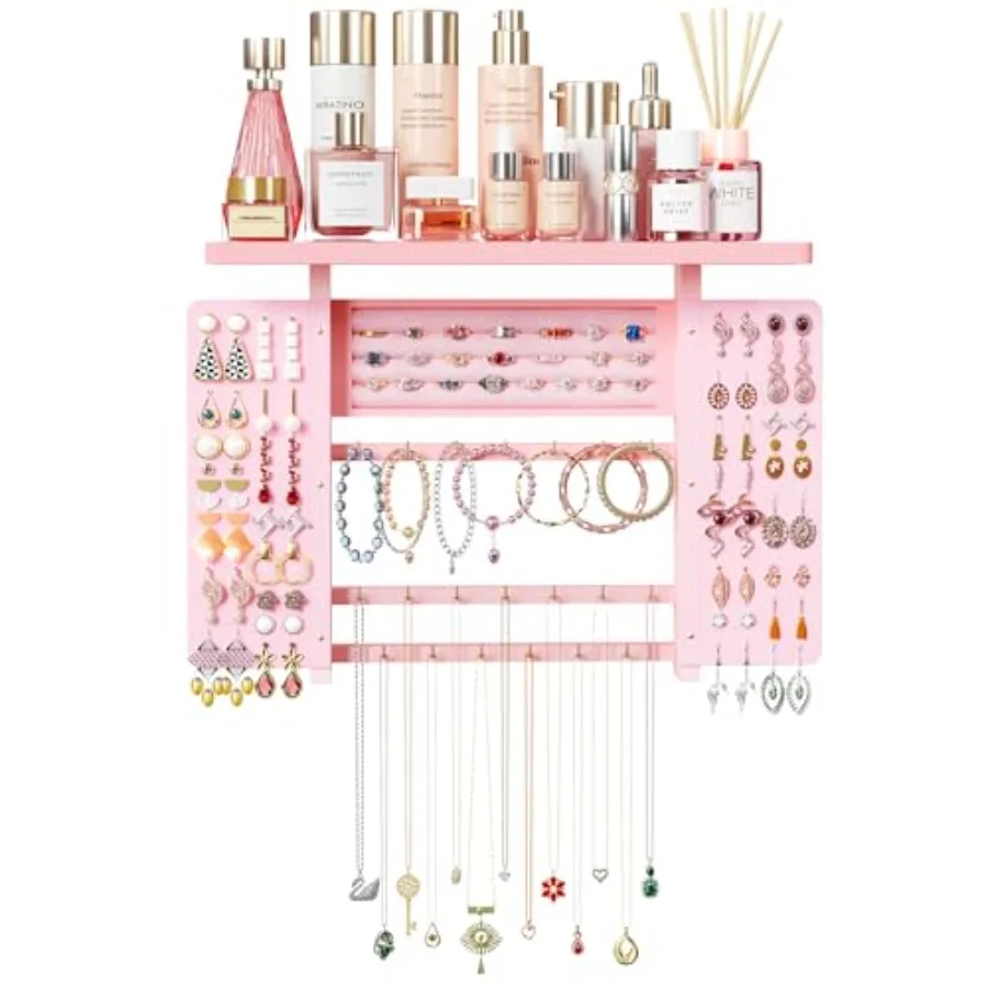 

Jewelry Organizer Hanging Wall Mounted Jewelry Holder 5-in-1 Large Capacity Wood Necklace Organizer Wall Display for Ring Neckl