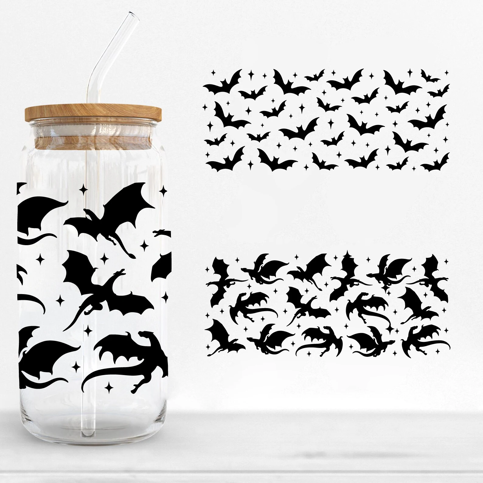 Calcomanía de murciélagos espeluznantes negros para lata de vidrio Libbey, decoración de 16oz y 20oz, silueta de dragón, pegatina artística de vinilo, decoración para niño, regalo de Halloween