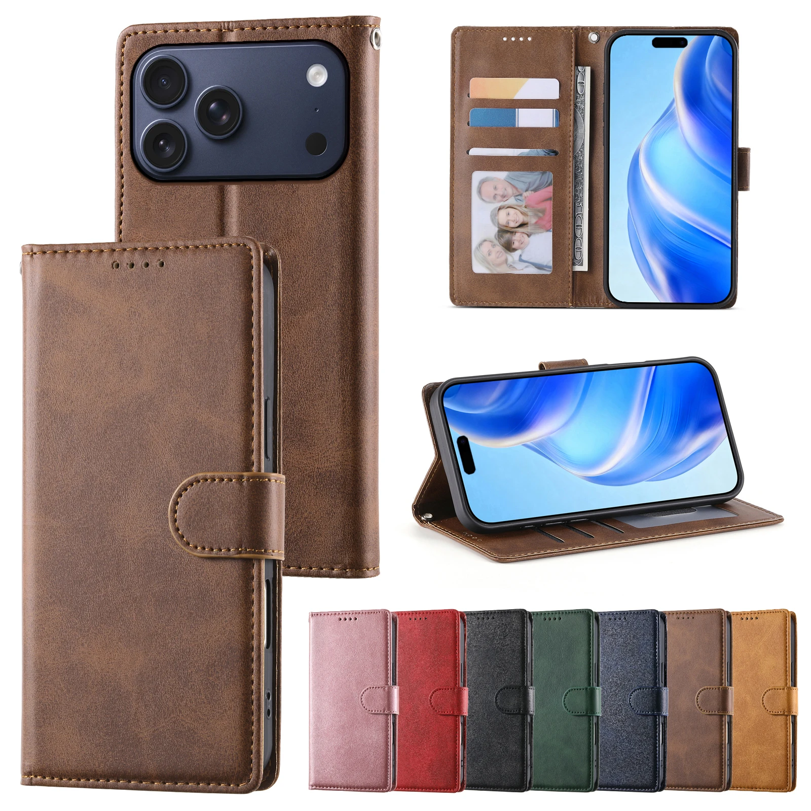 Business Leather Flip Case For iPhone 17 16 Pro Max Air 16E 15 14 13 12 11 Pro XS Max XR 8 7 Plus SE Cards Solt Wallet Cover