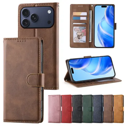 Business Leather Flip Case For iPhone 17 16 Pro Max Air 16E 15 14 13 12 11 Pro XS Max XR 8 7 Plus SE Cards Solt Wallet Cover