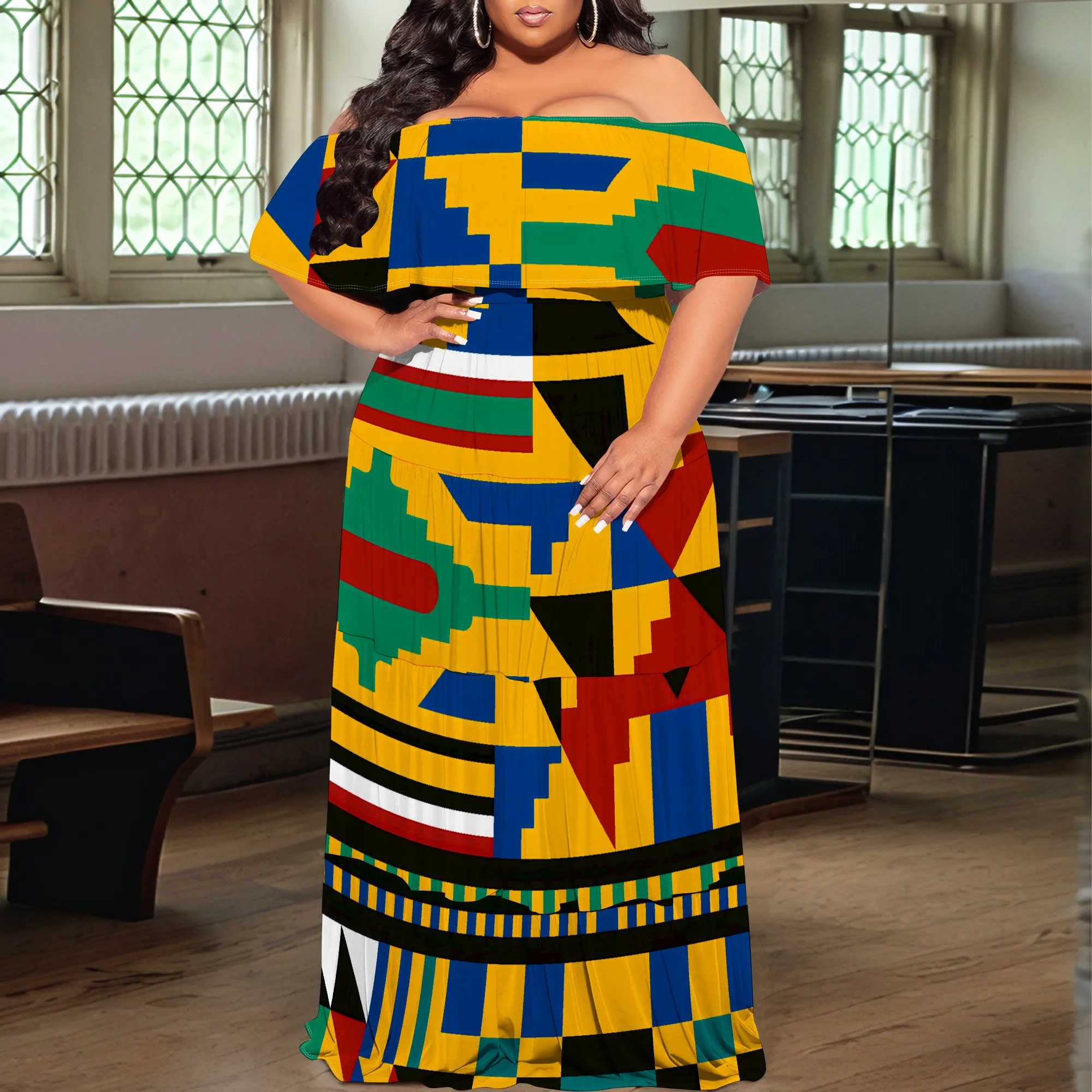 

Women's Plus Size African Kente Print Maxi Dress XL-6XL Off-Shoulder Ruffle Summer Beach Vacation Long Sundress