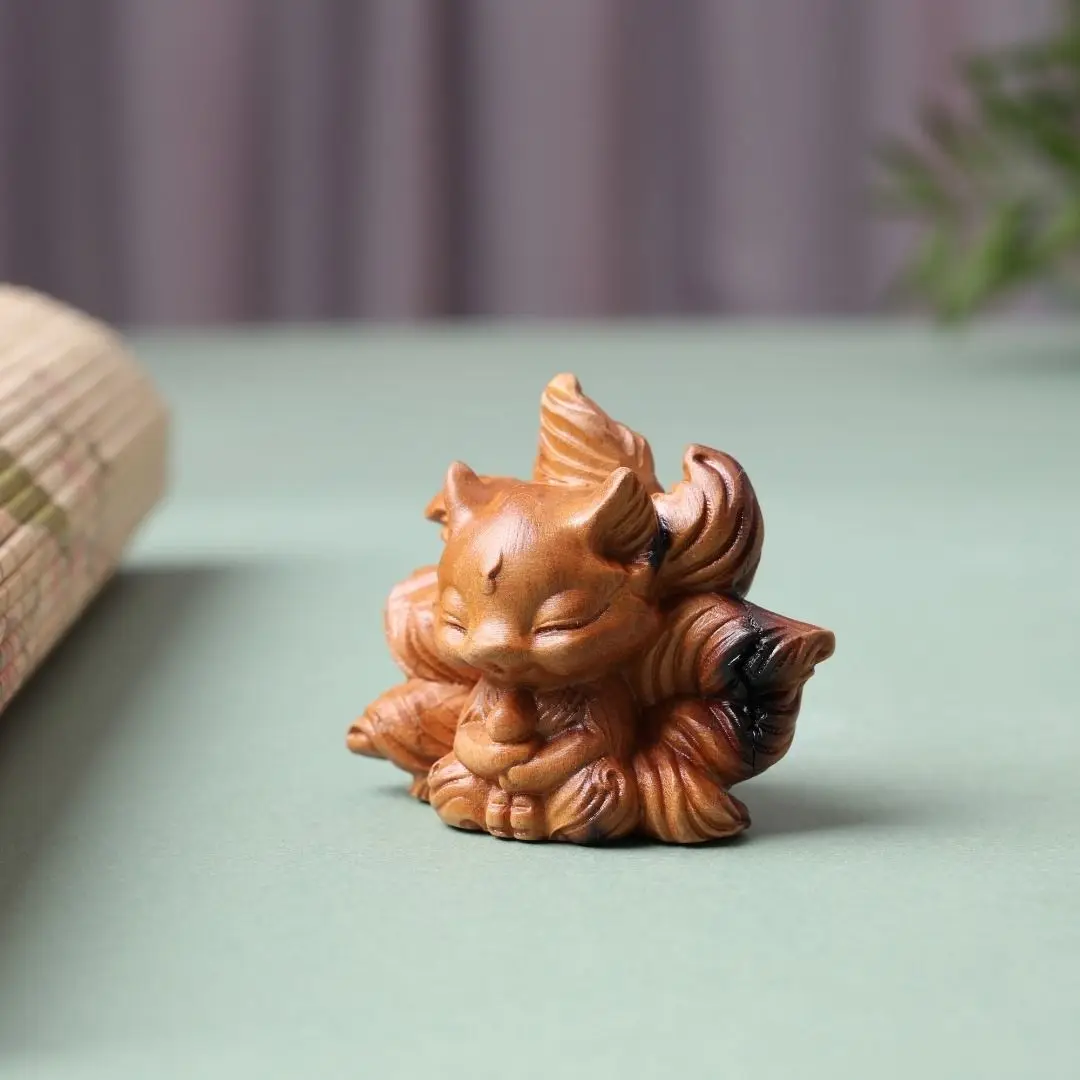 Hand Carved Wood Riding a nine-tailed fox Statue Figurine Desktop Ornaments Home Decoration