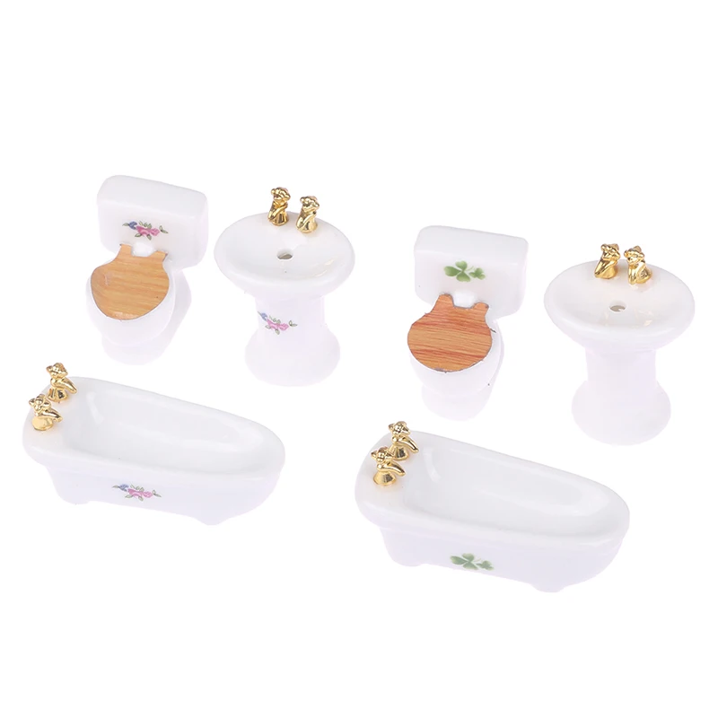 1Set 1:12 Dollhouse Bathroom Furniture Decor Miniature Bathtub Toilet Washing Table Matching Model Toy Doll House Accessories