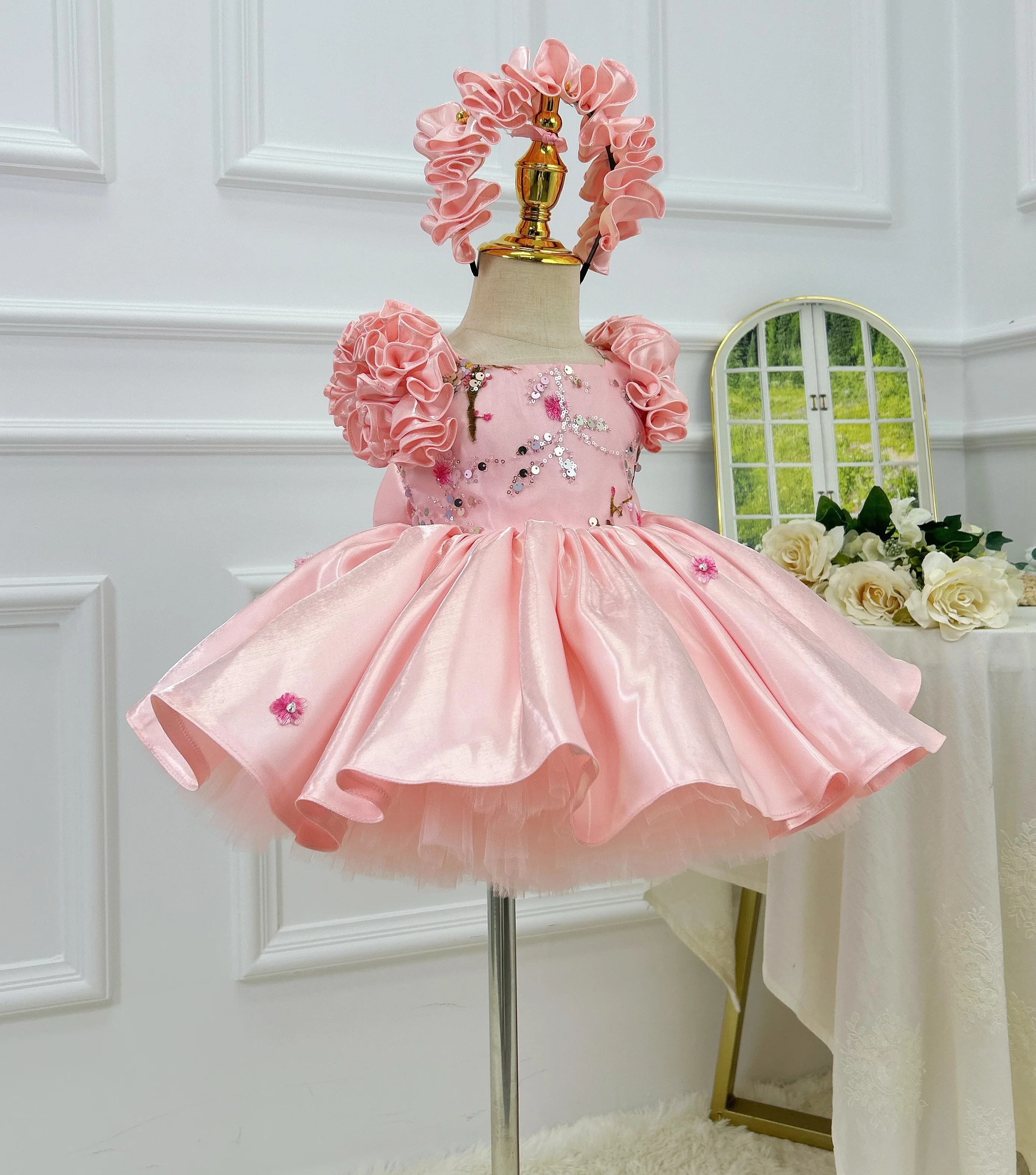 LJW Costs for Girls 2025 Children Pageant Dress Premium Satin Embroidered Lace Evening Dress Pink Girls' Natural Fluffy Princess