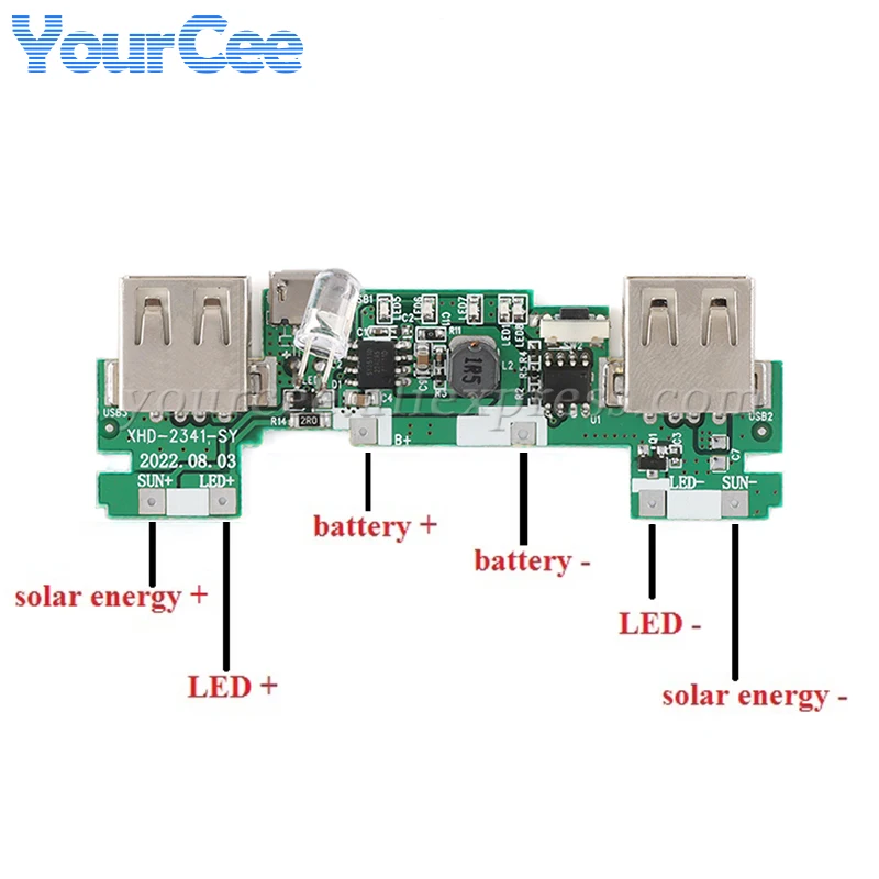 Модуль зарядного устройства для мобильного внешнего аккумулятора, 2 USB, 5 В, 2 А, литий-ионная плата для зарядки аккумулятора 18650, фотоиндикатор 5 В, мА, печатная плата солнечной панели
