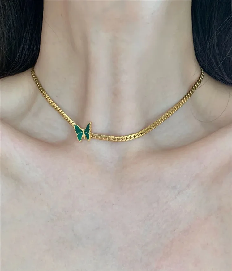 

Fashion Titanium Steel Material Cuban Chain Vintage Green Butterfly Neck Chain Choker Necklace for Women Collar Valentine's Day