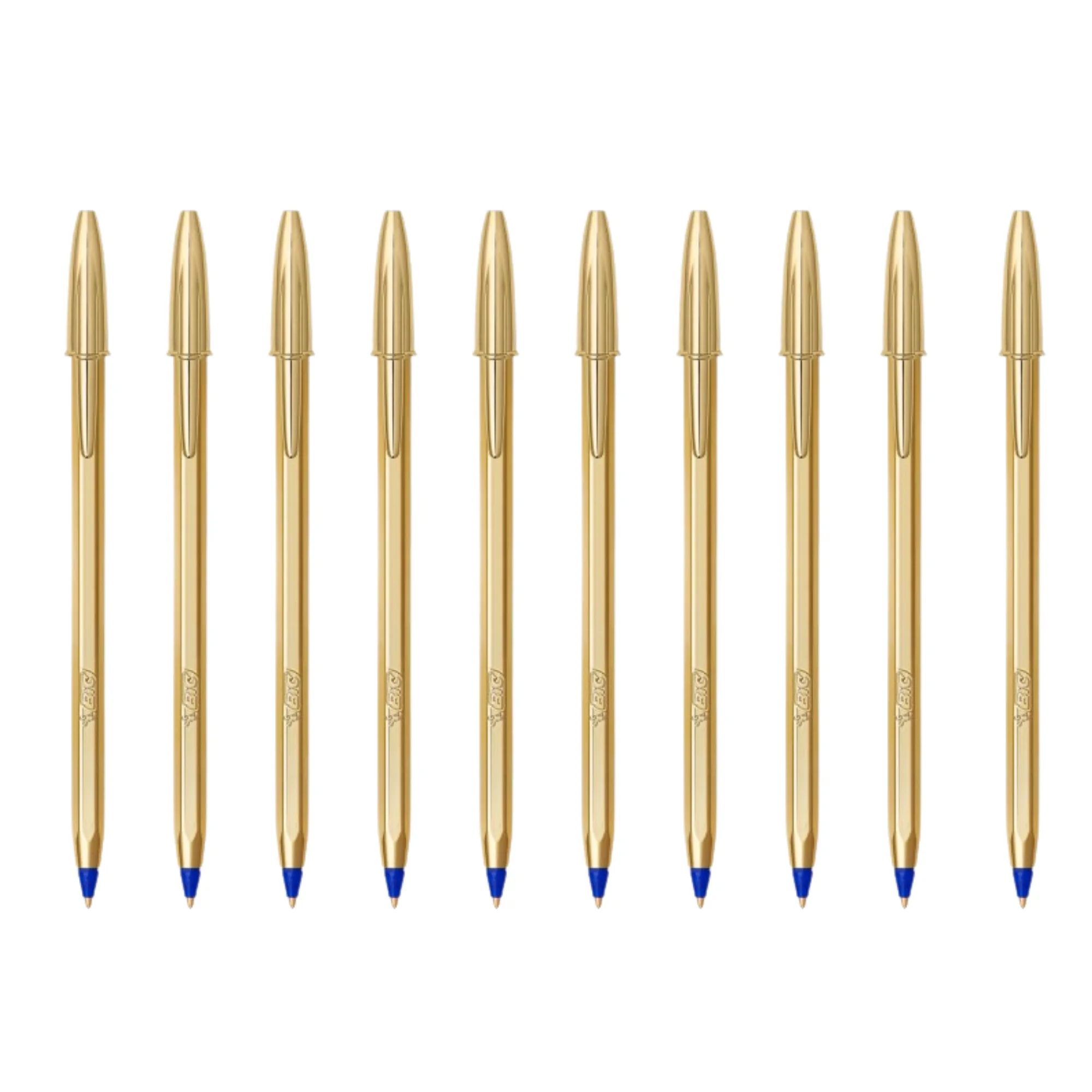 Bolígrafo BIC Cristal Oro/Azul | Tinta Azul y Punta Media 1.0 mm | Paquete de 10 unidades