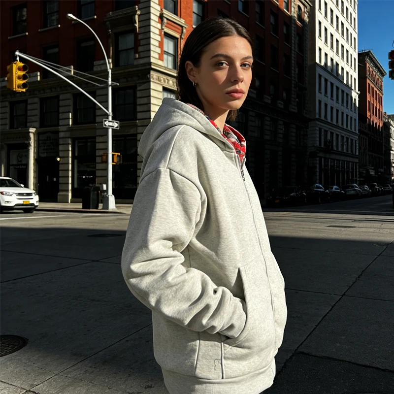 

Women's Vintage Plaid Reversible Zip Up Hoodie Oversized Casual Sweatshirt Fall Winter Streetwear Jacket with Pockets Y2K Grunge