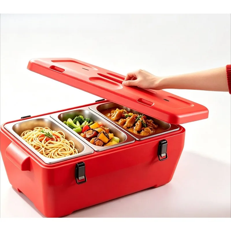 Large Stainless Steel Divided Insulated Cooler with Cover,Commercial Thermal Food Carrier for Vendor Stall, Car&Outdoor Delivery